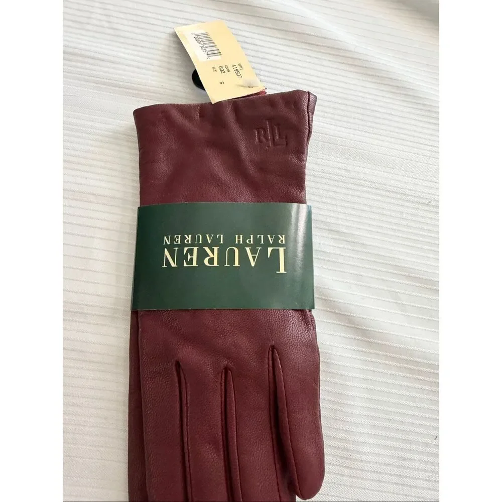 NWT Lauren Ralph Lauren Maroon Leather Gloves Size Small New